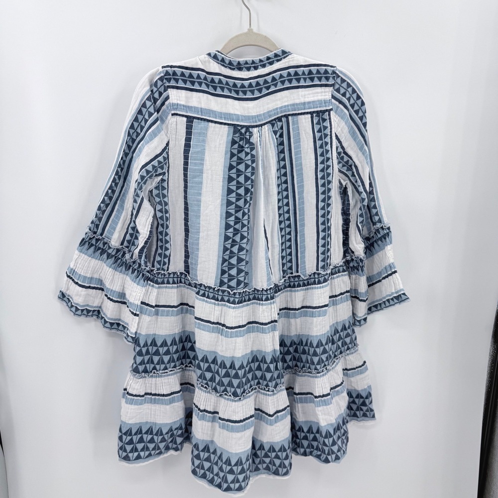 Elan Blue White Tribal Cotton Gauze Tiered Bell Sleeve Tunic Dress Pockets L - Picture 3 of 9